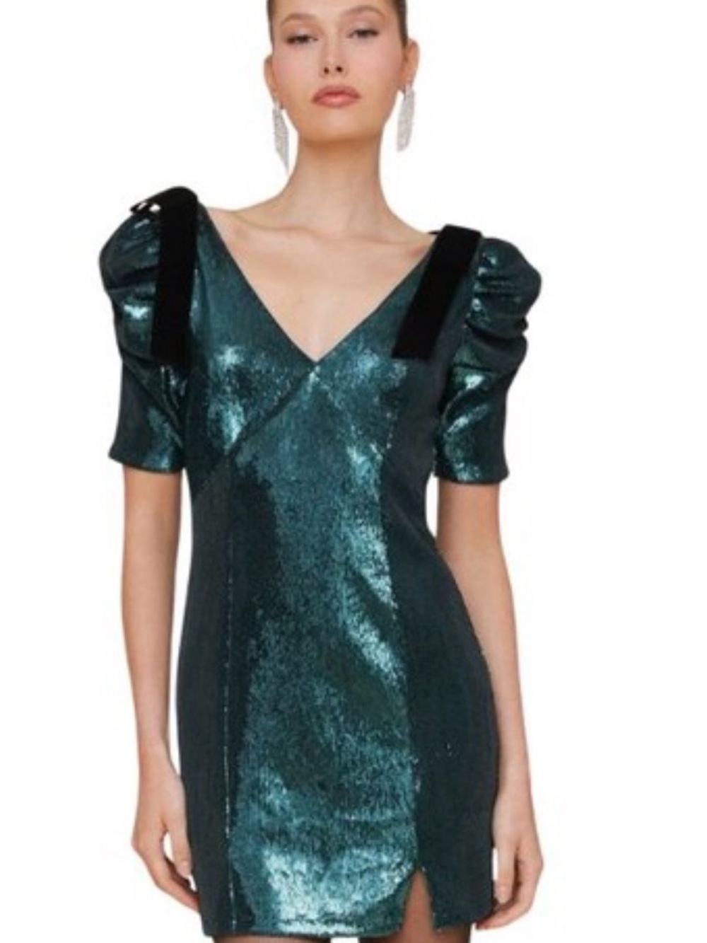 NWT Avec Les Filles Emerald Green Sequin Puff Sleeve Mini Dress Size 10